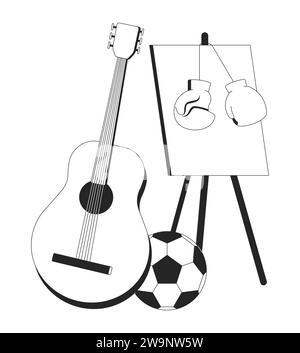 Different hobbies leisure activities black and white 2D line cartoon object Stock Vector