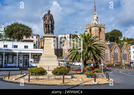 Prince Albert statue, with Town Church in background, from Albert Pier in St Peter Port, Guernsey, Channel Islands Stock Photo