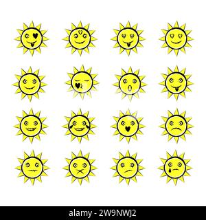Set of suns. Emotions are different suns. Yellow faces. Emoji. Vector illustration on white background Stock Vector