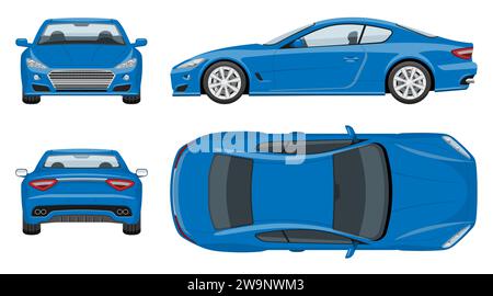 Blue sports car vector template with simple colors without gradients and effects. View from side, front, back, and top Stock Vector