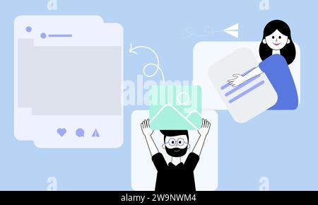 Vector illustration of teamwork of designer, community manager, seo. Content creation for social networks, planning and strategy work. Stock Vector