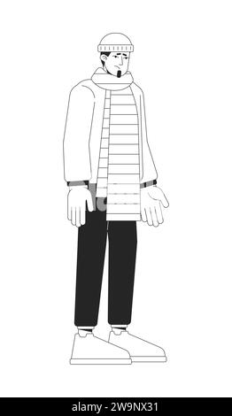 Winter blues sad caucasian man black and white 2D line cartoon character Stock Vector