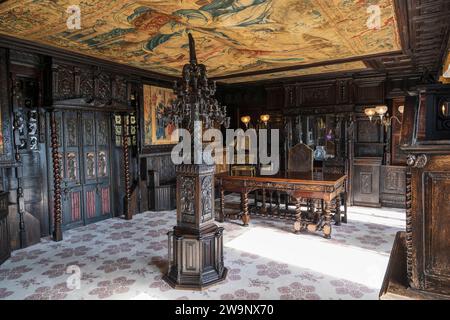 Carved oak panelling and tapestry ceiling in upper floor of Hauteville House, home of Victor Hugo, in St Peter Port, Guernsey, Channel Islands Stock Photo