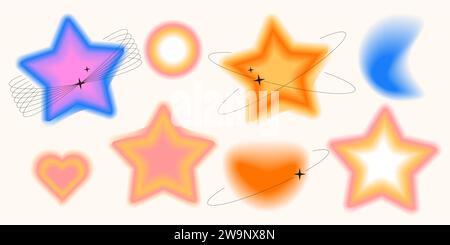 Y2k style blurred gradient shapes with linear forms and sparkles, blurry flower or heart aura aesthetic elements. Modern minimalist design element Stock Vector