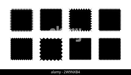 Rectangles with zigzagging and wavy edges. Jagged geometric shapes for stickers, tags and labels. Isolated vector illustration on white background. Stock Vector