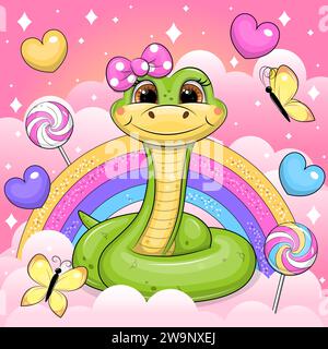 A cute cartoon green snake with a pink bow stands in the clouds. Vector illustration of an animal with butterflies, hearts, rainbow, clouds on a pink Stock Vector