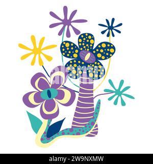 Vibrant fantasy plants with Snake tale and Flowers. Vector Flat or Cartoon Illustration isolated on white. Floral and Botanical concept, Plant design Stock Vector