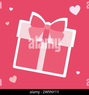 Lovely present gift box flat icon. Cute romantic Pink Present package with Bow ribbon and hearts on Background. Valentine day surprise, perfect date, Stock Vector