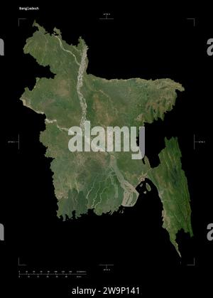 Shape of a low resolution satellite map of the Bangladesh, with distance scale and map border coordinates, isolated on black Stock Photo