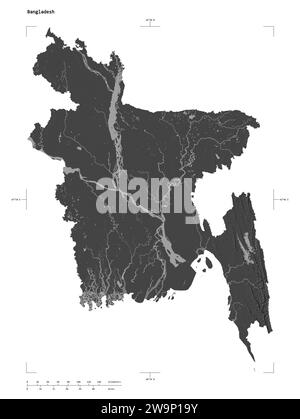 Shape of a Bilevel elevation map with lakes and rivers of the Bangladesh, with distance scale and map border coordinates, isolated on white Stock Photo