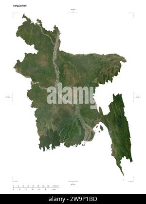 Shape of a low resolution satellite map of the Bangladesh, with distance scale and map border coordinates, isolated on white Stock Photo