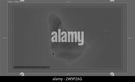Barbados highlighted on a Grayscale elevation map with lakes and rivers map with the country's capital point, cartographic grid, distance scale and ma Stock Photo