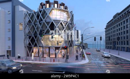3d render building exterior shopping mall skyscrapers at night Stock Photo