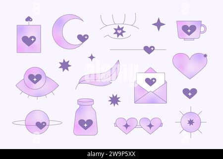 Simple Y2K groovy blurred gragient elements set. Holographic valentines day vector illustrations. Stock Vector