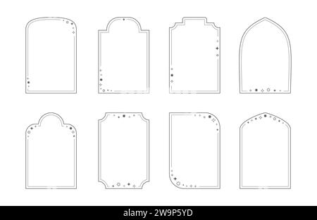 Linear minimalistic aesthetic frames with sparkles, magic stars. Outline arches with fairy dust for story, banner. Stock Vector