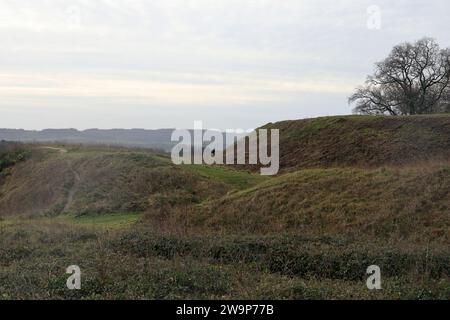 View of the iron age fort at Badbury Rings near Kingston Lacy, Dorset,  showing two of the rings with a tree and landscape behind Stock Photo