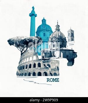 Rome famous landmarks collage. The modern art design from best views of Rome, Ital at Europe. Stock Photo