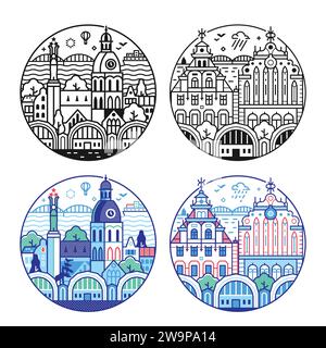 Travel Riga Circle Icons in Line Art Stock Vector