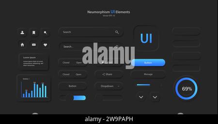 A set of user interface elements for a mobile application in black and blue. Stock Vector