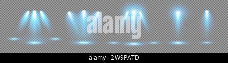 A set of spotlights to illuminate the stage with cold, blue rays on a dark background. Stock Vector