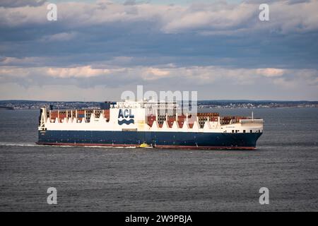 ACL container ship Atlantic Sky departing Halifax Harbour as seen from Chebucto Head in Halifax, Nova Scotia, Canada. Stock Photo