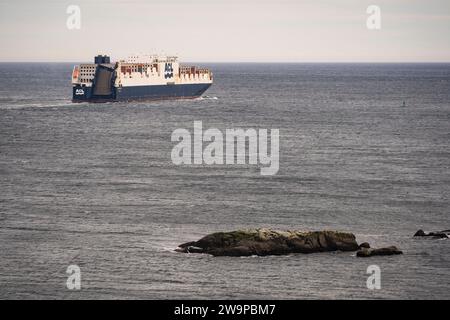 ACL container ship Atlantic Sky departing Halifax Harbour as seen from Chebucto Head in Halifax, Nova Scotia, Canada. Stock Photo