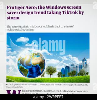 'Frutiger Aero the Windows screen saver design trend taking TikTok by Storm' Guardian website online newspaper headline London UK 15 December 2023 Stock Photo