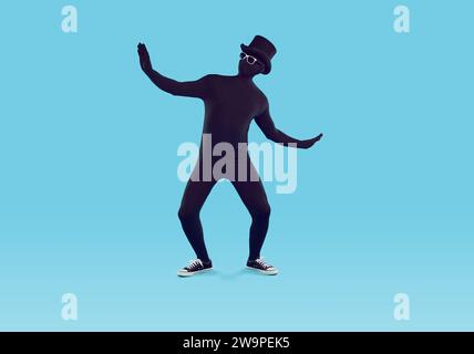 Funny man disguised in a black bodysuit, sunglasses and hat dancing on a blue studio background Stock Photo