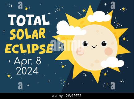 Total solar eclipse hand drawn banner. Vector moon cute character design. Stock Vector