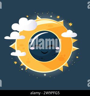 Hand drawn solar eclipse concept. Cute vector design with smiling moon, sun and clouds. Stock Vector