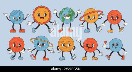 Set cute cartoon groovy planets in retro style 60s 70s. Earth Day and save planet concept. Flat vector illustration Stock Vector