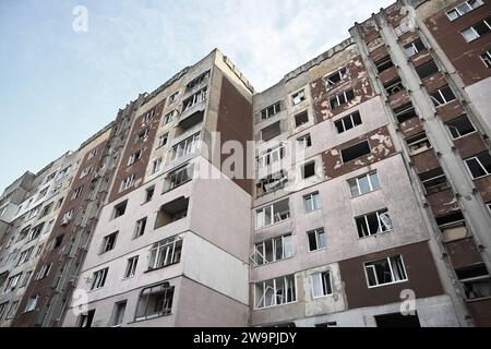 Apartment building partially destroyed after a Russian missile strike in city of Lviv. War in Ukraine Stock Photo