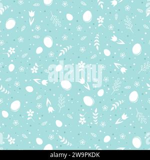 Easter seamless pattern with white flowers, Easter eggs and branches on a pastel green background. Vector illustration Stock Vector