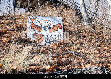 Bird graffiti on the path to Chalet du Mont-Royal in Montreal, Quebec, Canada Stock Photo