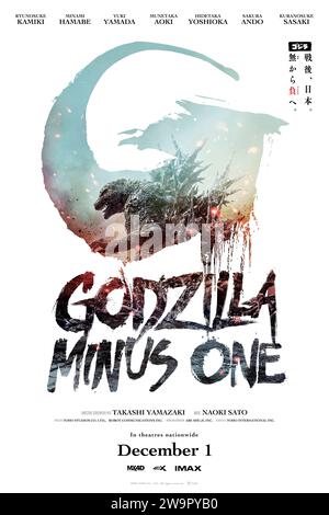 Godzilla Minus One (2024) directed by Takashi Yamazaki and starring Minami Hamabe, Ryunosuke Kamiki and Sakura Ando. Post war Japan is at its lowest point when a new crisis emerges in the form of a giant monster, baptized in the horrific power of the atomic bomb. US one sheet poster ***EDITORIAL USE ONLY***. Credit: BFA / Toho Company Stock Photo