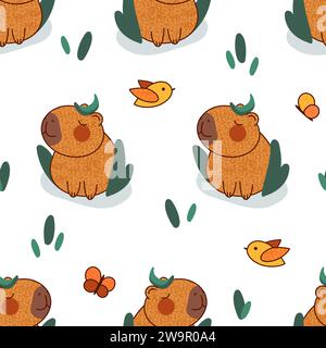 Cute capybara characters seamless pattern vector illustration Stock Vector
