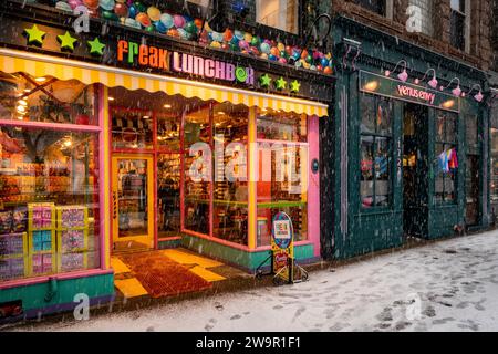 The Freak Lunchbox candy store on Barrington Street during a snow storm in Halifax, Nova Scotia, Canada. Stock Photo