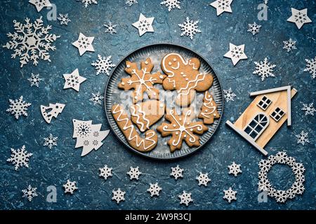 Christmas cookies with icing decoration isolated on white background, holidays winter biscuits Stock Photo
