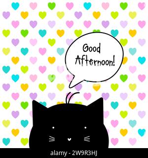 Greeting card Good Afternoon. Cat character on colorful heart background with talk bubble. Stock Vector