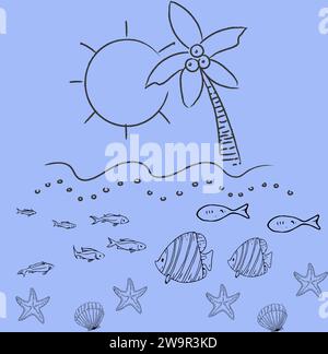 The sun and the sea. A simple drawing of ocean creatures. The setting sun and the sea with its creatures. Stock Vector