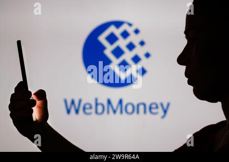 December 29, 2023, Brazil. In this photo illustration, a woman's silhouette holds a smartphone with the WebMoney logo in the background Stock Photo