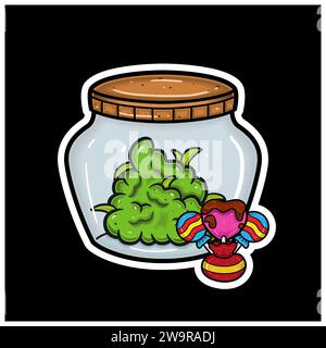 Candy Flavor With Cartoon Mascot of Weed Bud On Jar. For Sticker and label. Vector and Illustration. Stock Vector