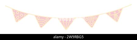 Five festive holiday triangular flags on a rope, birthday garland, hanging party pennants, cute vector illustration in light pink and yellow colors Stock Vector