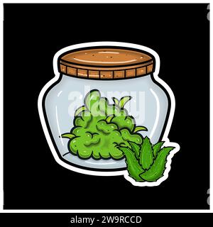 Aloe Vera Flavor With Cartoon Mascot of Weed Bud On Jar. For Sticker and label. Vector and Illustration. Stock Vector