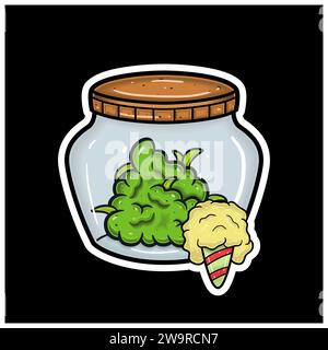 Cotton Candy Flavor With Cartoon Mascot of Weed Bud On Jar. For Sticker and label. Vector and Illustration. Stock Vector