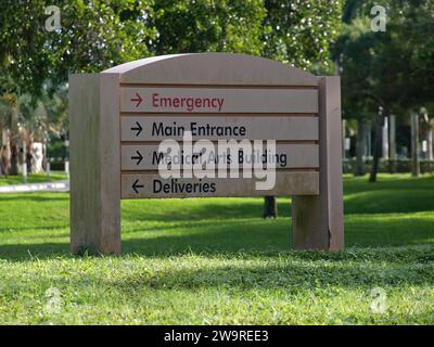 Miami, Florida, United States - December 29, 2023: Sign with directions in the Baptist West Kendall Hospital. Stock Photo