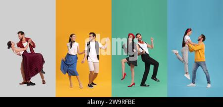 Romantic date. Lovely couple dancing on color backgrounds, set of photos Stock Photo