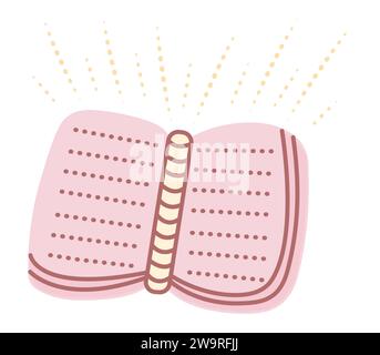Magical glowing open book, cute color vector illustration in pink, yellow and brown colors Stock Vector