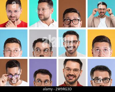 Men in glasses on different backgrounds, collection of photos Stock Photo