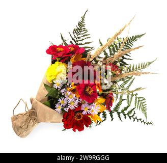 Bouquet of beautiful wild flowers isolated on white, top view Stock Photo